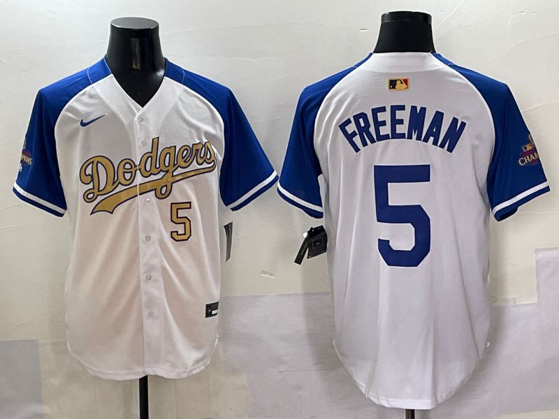 Men Los Angeles Dodgers #5 Freeman White Blue Champion gold character Nike 2025 MLB Jersey style 5052